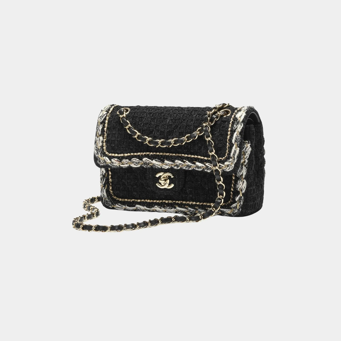 Small Classic Bag Cotton Tweed &amp; Gold Metal Black