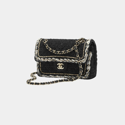 Small Classic Bag Cotton Tweed &amp; Gold Metal Black