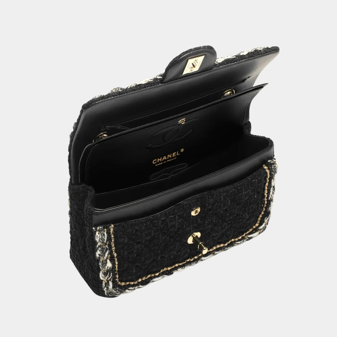 Small Classic Bag Cotton Tweed &amp; Gold Metal Black