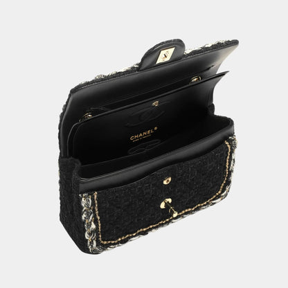 Small Classic Bag Cotton Tweed &amp; Gold Metal Black