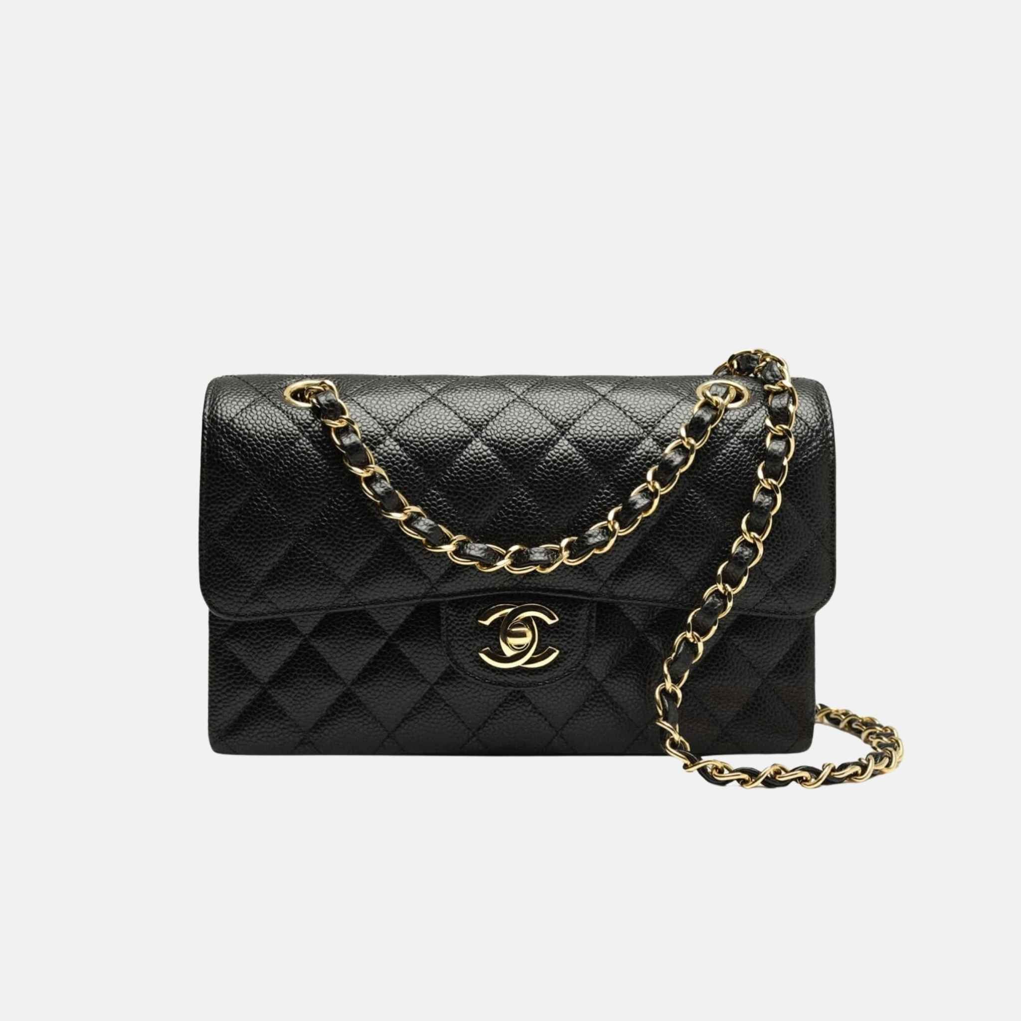 Small Classic Grained Calfskin Handbag In Gold Tone Metal