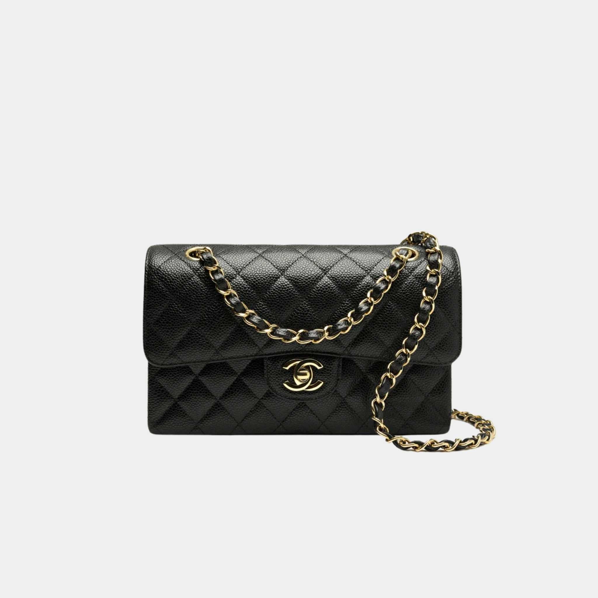 Small Classic Handbag Grained Calfskin Gold Tone Metal Black