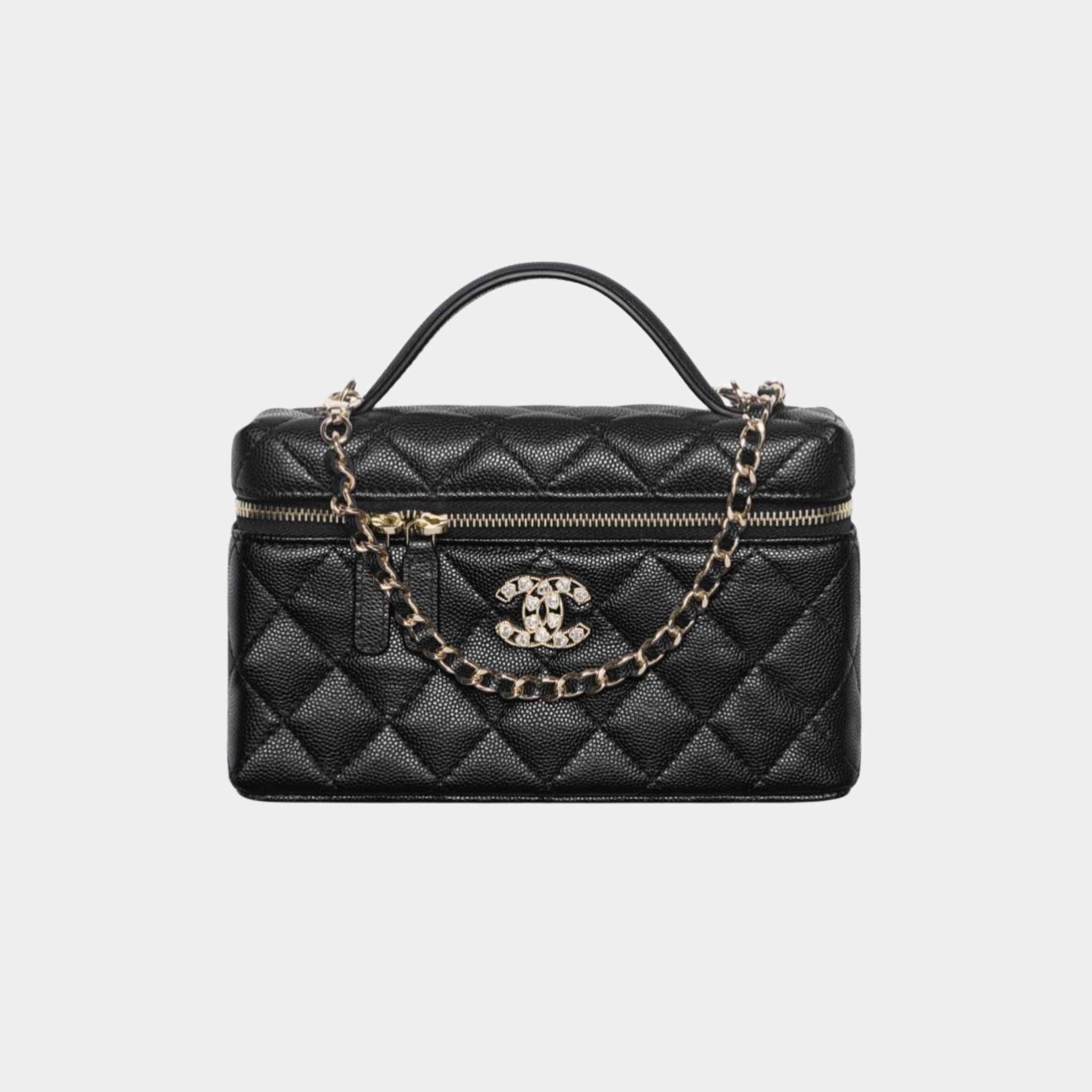 Vanity with Chain in Shiny Grained Calfskin and Strass