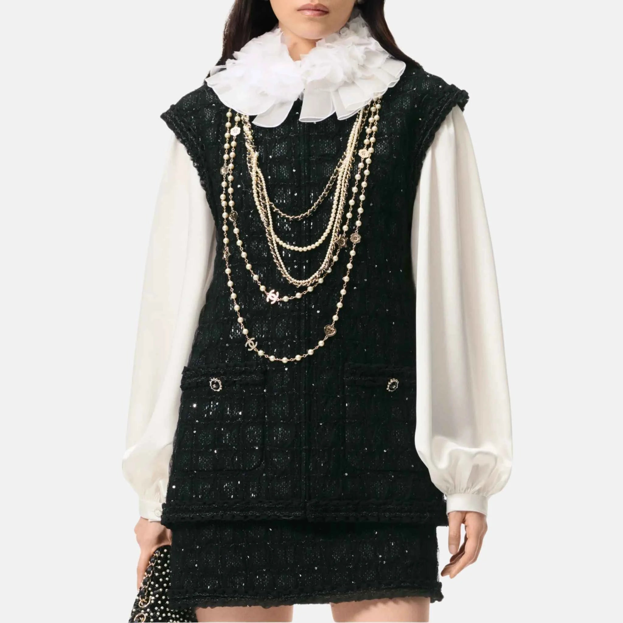 Vest Sequin Embroidered Iridescent Woollen Tweed And Tulle