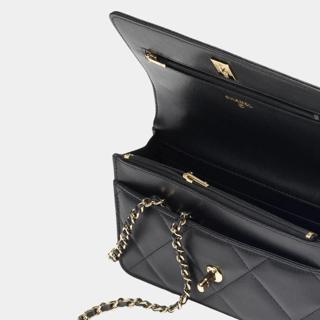 Wallet On Chain Shiny Grained Calfskin &amp; Gold Metal Black