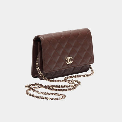 Wallet On chain Shiny Grained Calfskin Rhinestones &amp; Gold Metal Dark Brown
