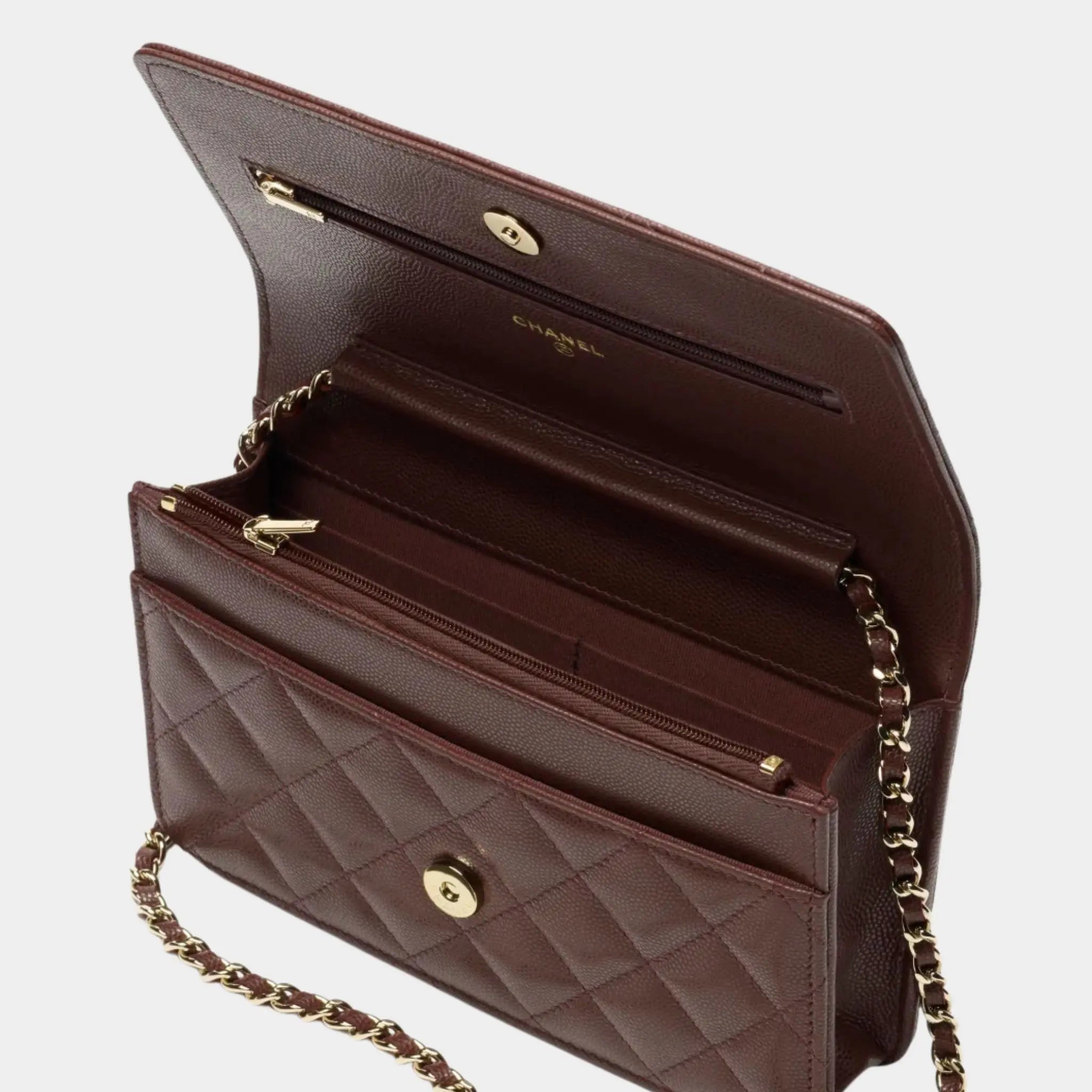 Wallet On chain Shiny Grained Calfskin Rhinestones &amp; Gold Metal Dark Brown