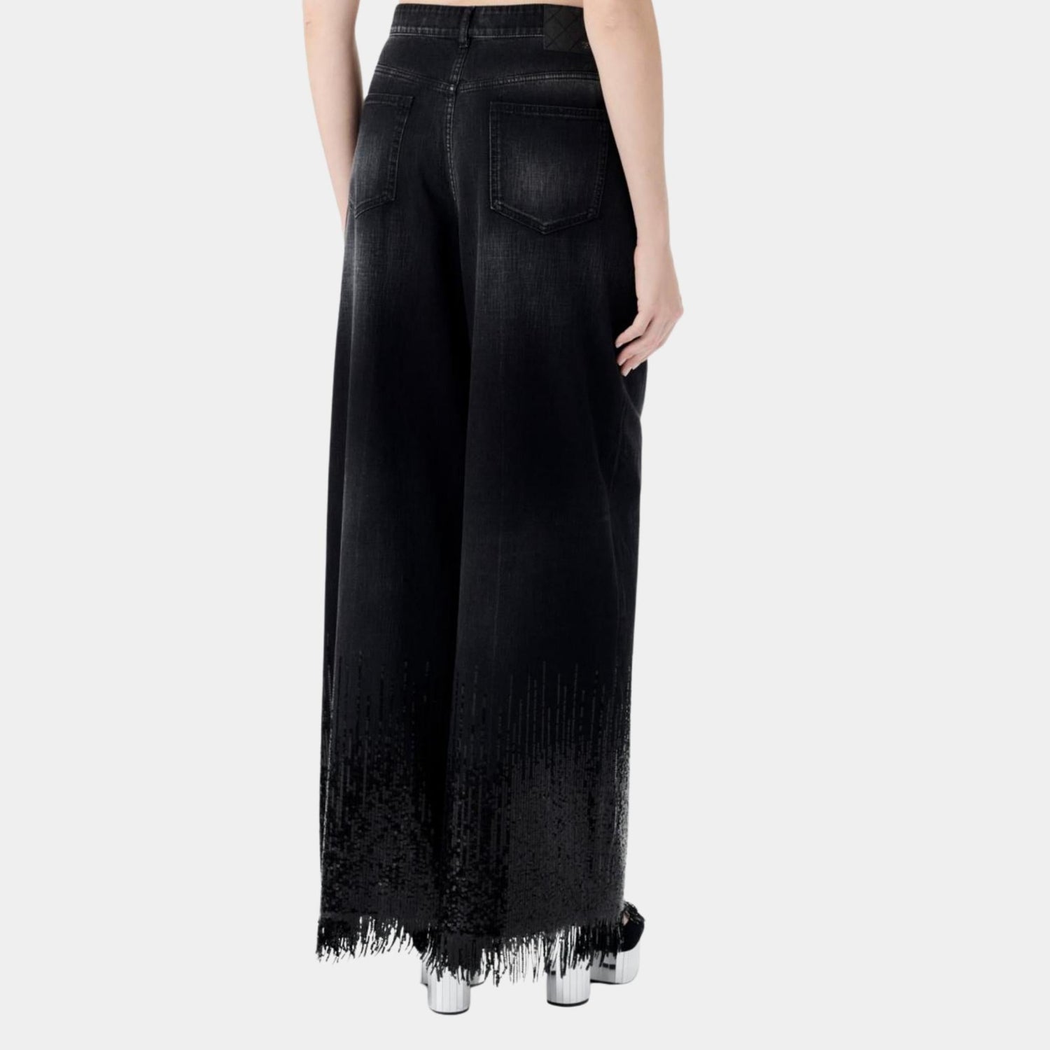 Washed Black Denim Jeans Embroidered with Sequins