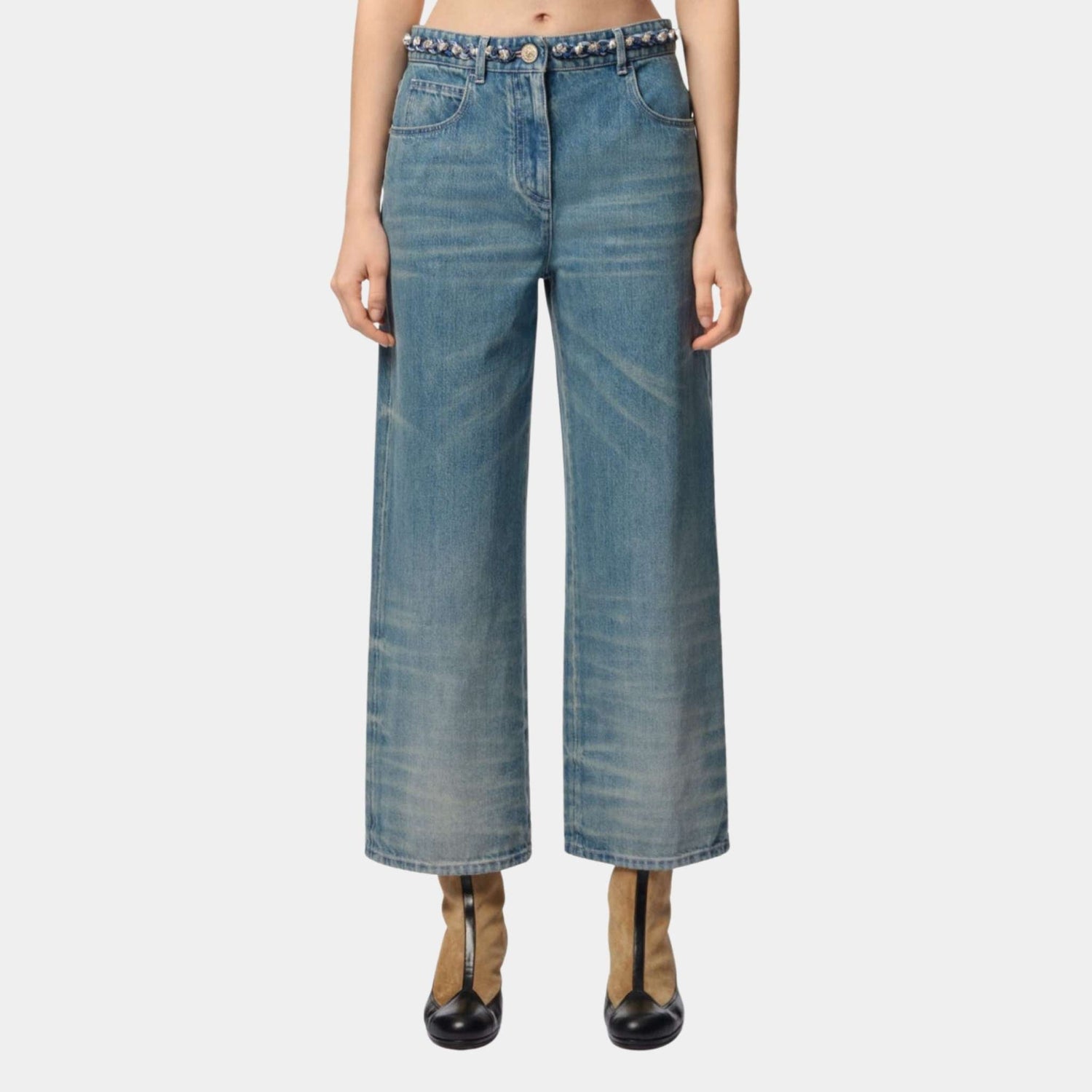 Washed Out Blue Denim Wide-Leg Denim Jeans