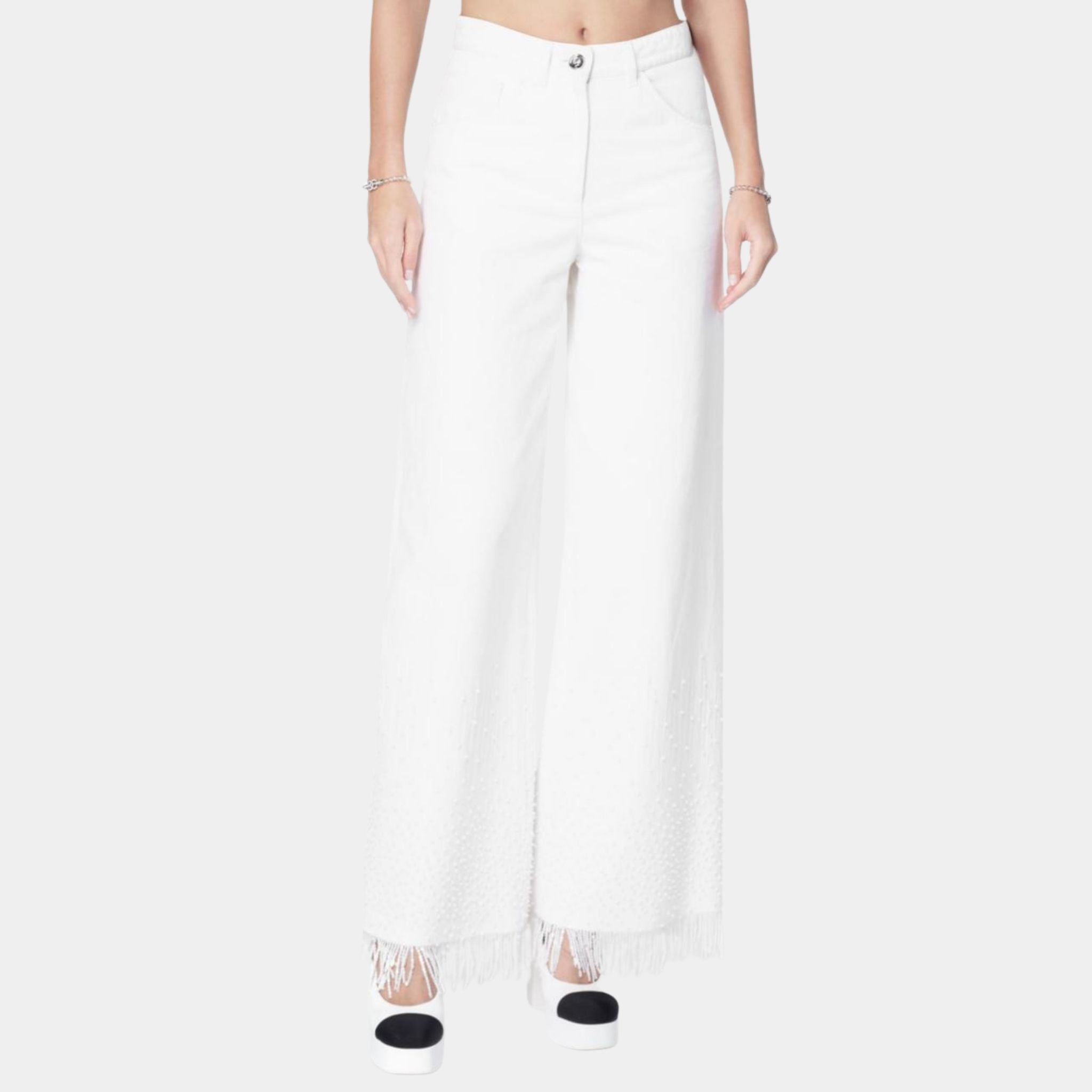 White Denim Jeans Embroidered with Beads