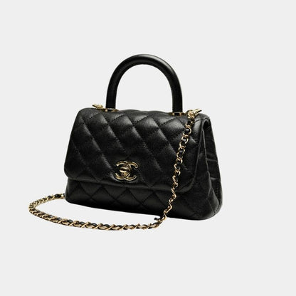 Flap Bag With Top Handle Grained Calfskin And Gold Tone Metal Black