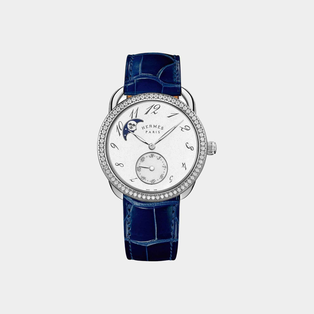 Arceau Petite Lune Gem-Set Steel Watch With Alligator Strap