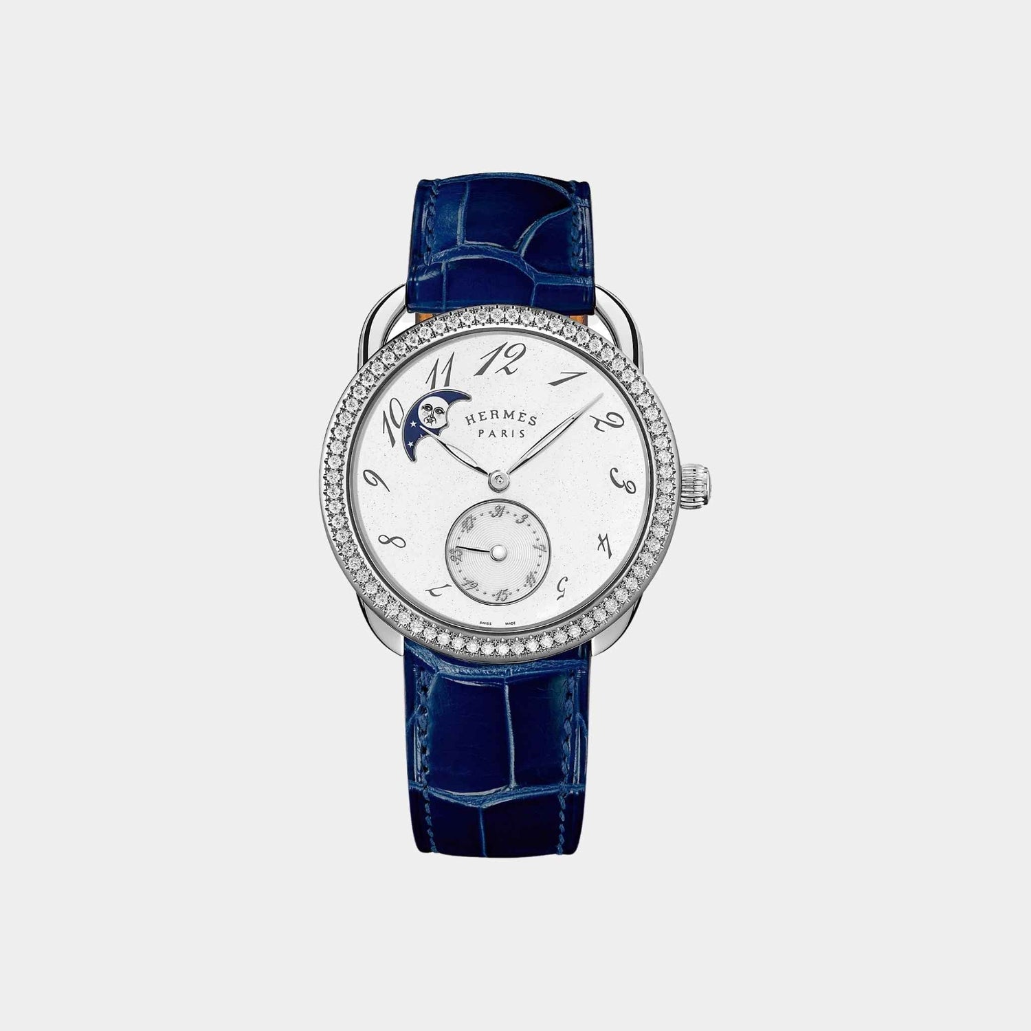Arceau Petite Lune Gem-Set Steel Watch With Alligator Strap