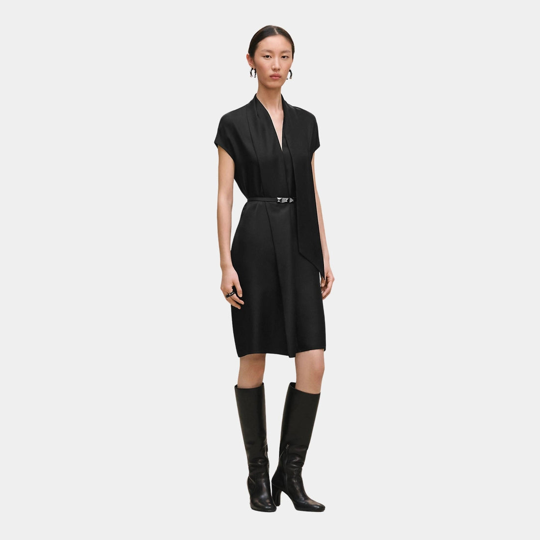 Ascot Collar Dress in Plain Silk Cavalry