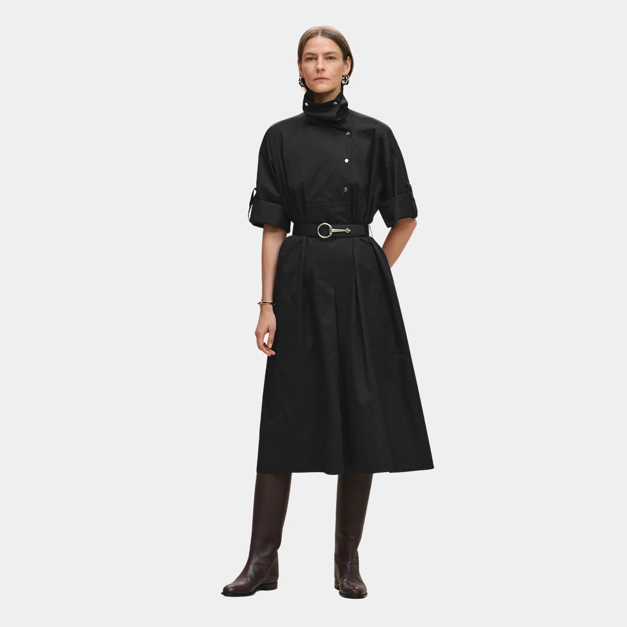 Belted Wide Dress in Cotton Twill