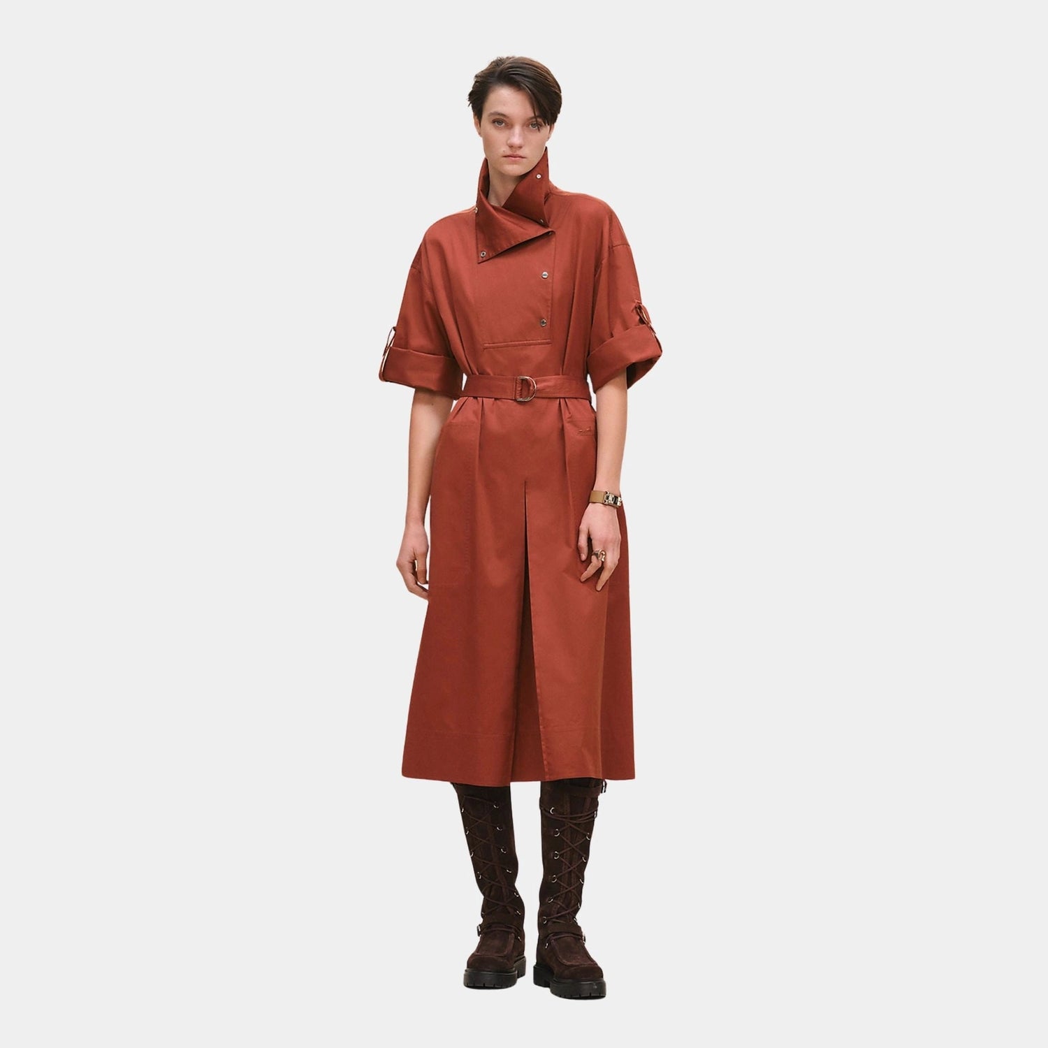 Belted Wide Dress in Cotton Twill