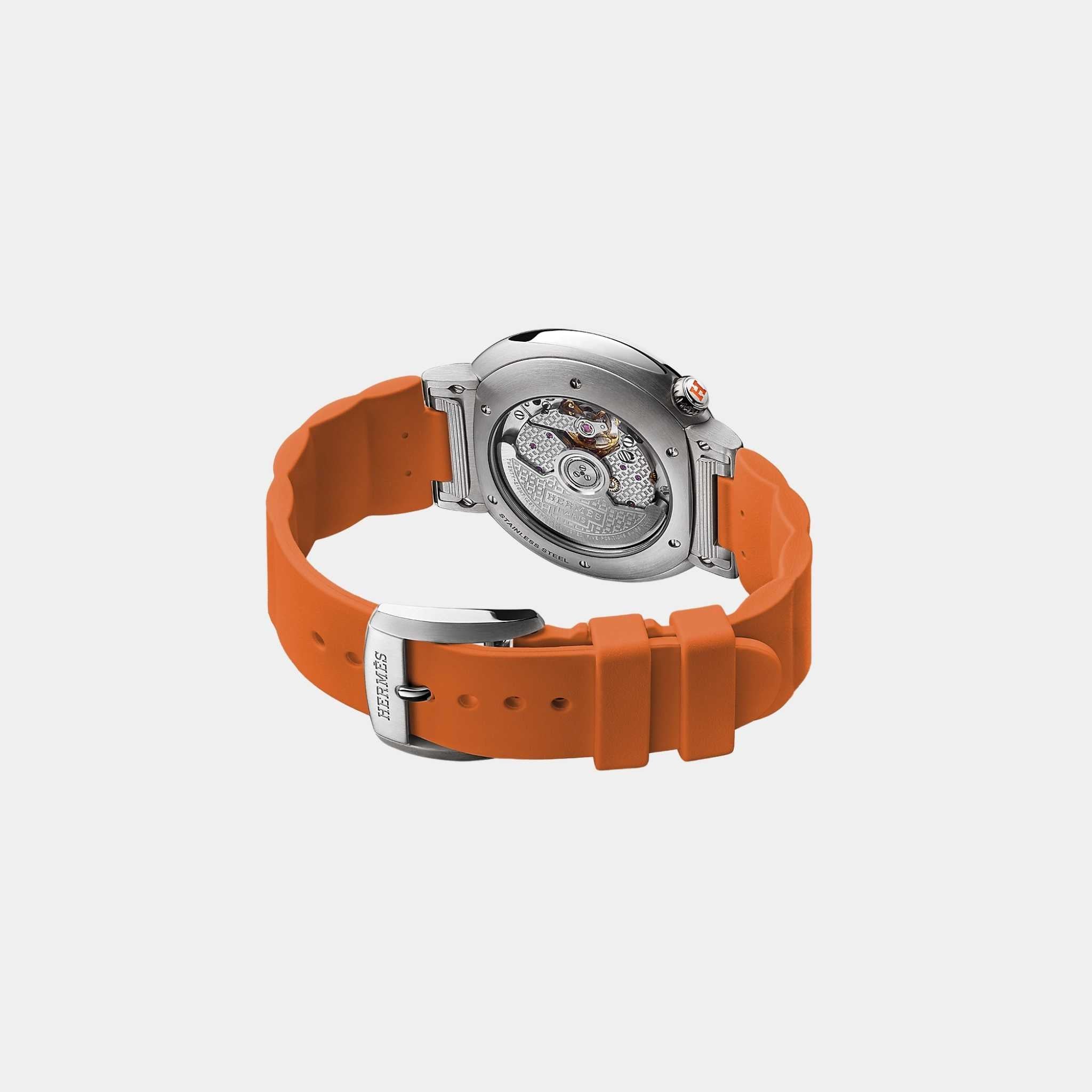 Cut 36 mm Steel Watch With Orange Rubber Strap