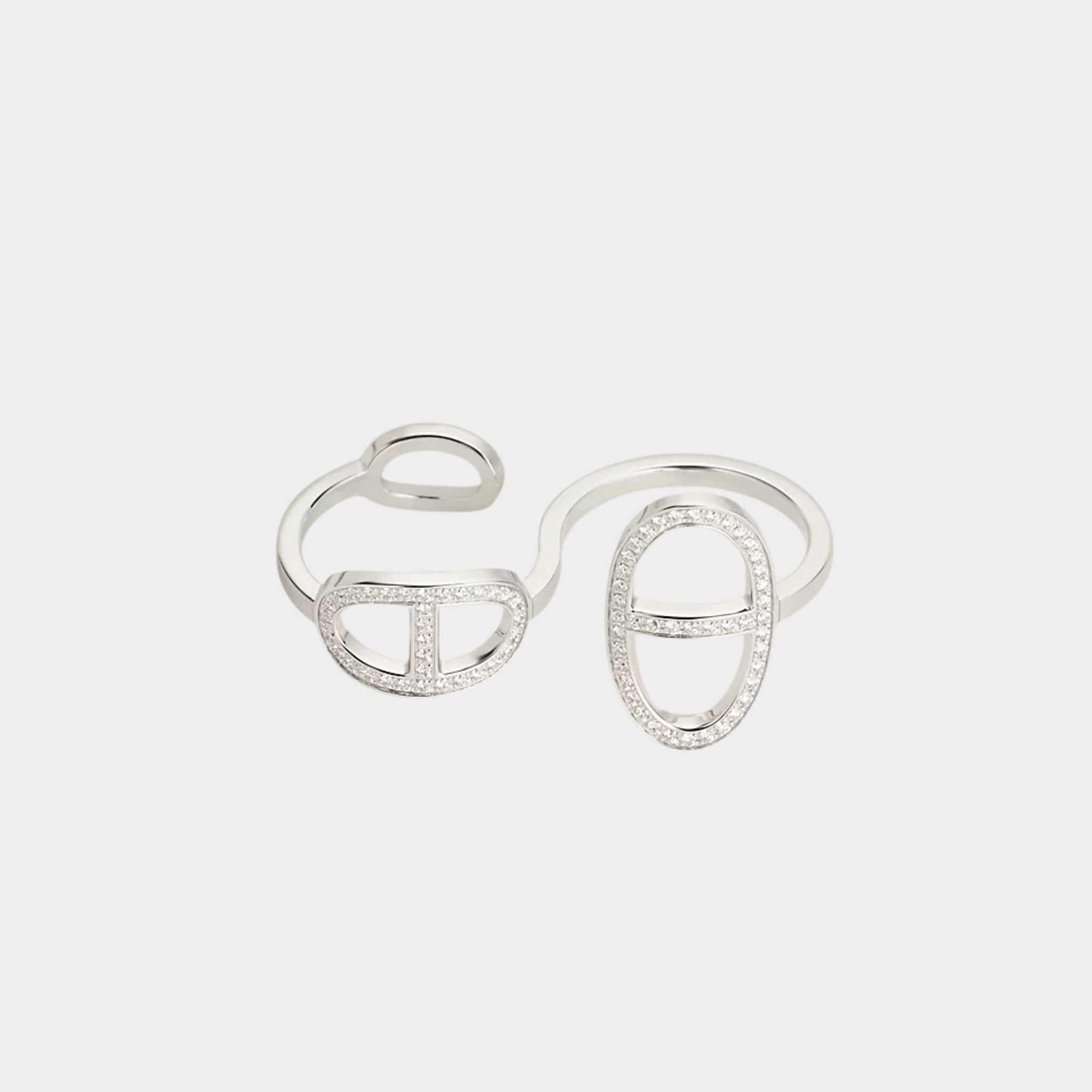 Double Anchor Chain Contour Ring White Gold Diamonds