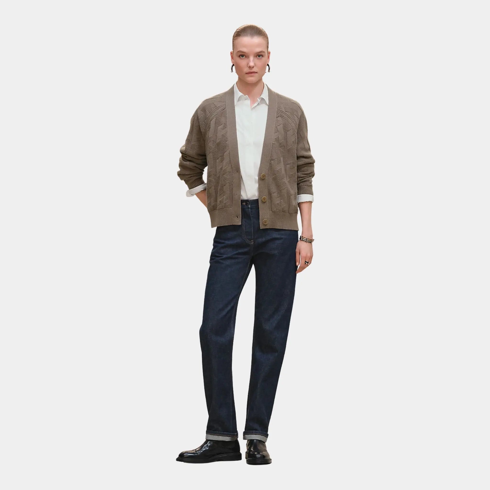 H Long-sleeve Cardigan in Plain Wool Knit