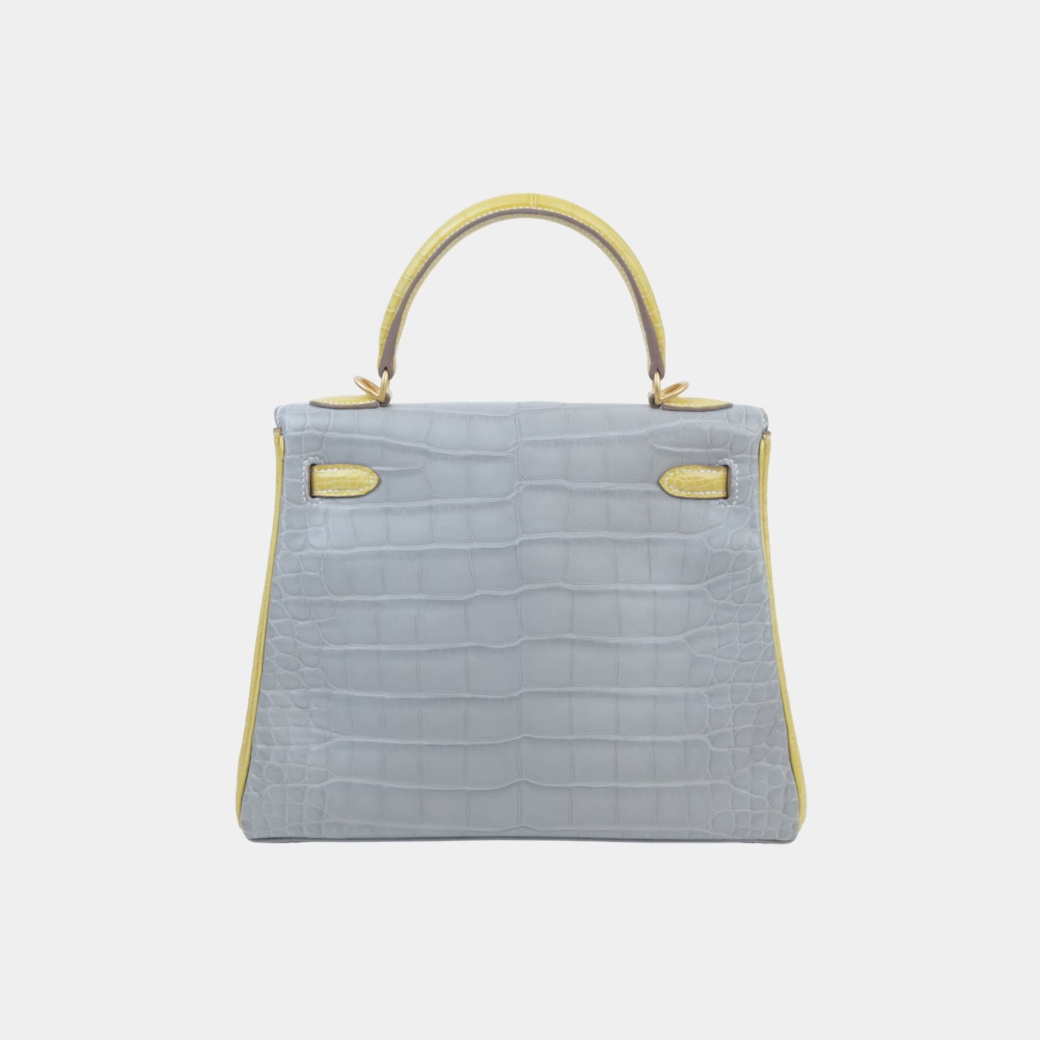 Kelly 25 Matte Alligator Gris Perle/Jaune Citron GHW