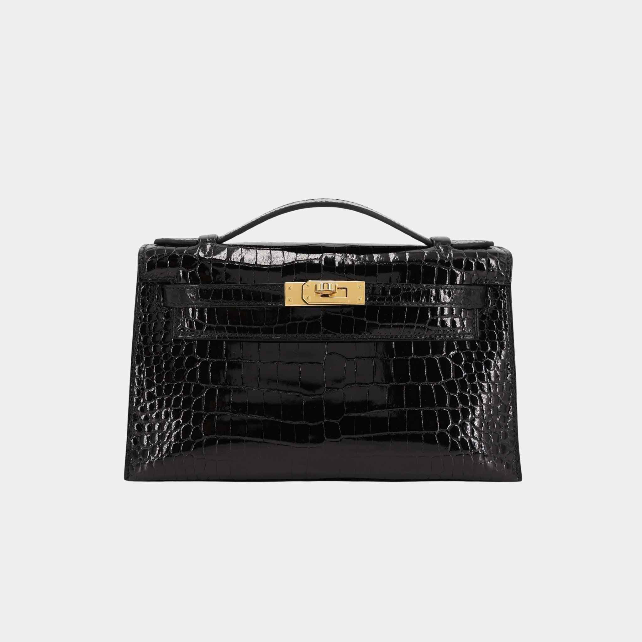 Kelly Pochette Porosus Crocodile Black GHW