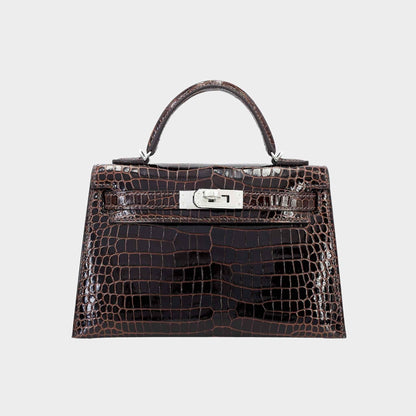 Mini Kelly II Shiny Porosus Crocodile Havane PHW