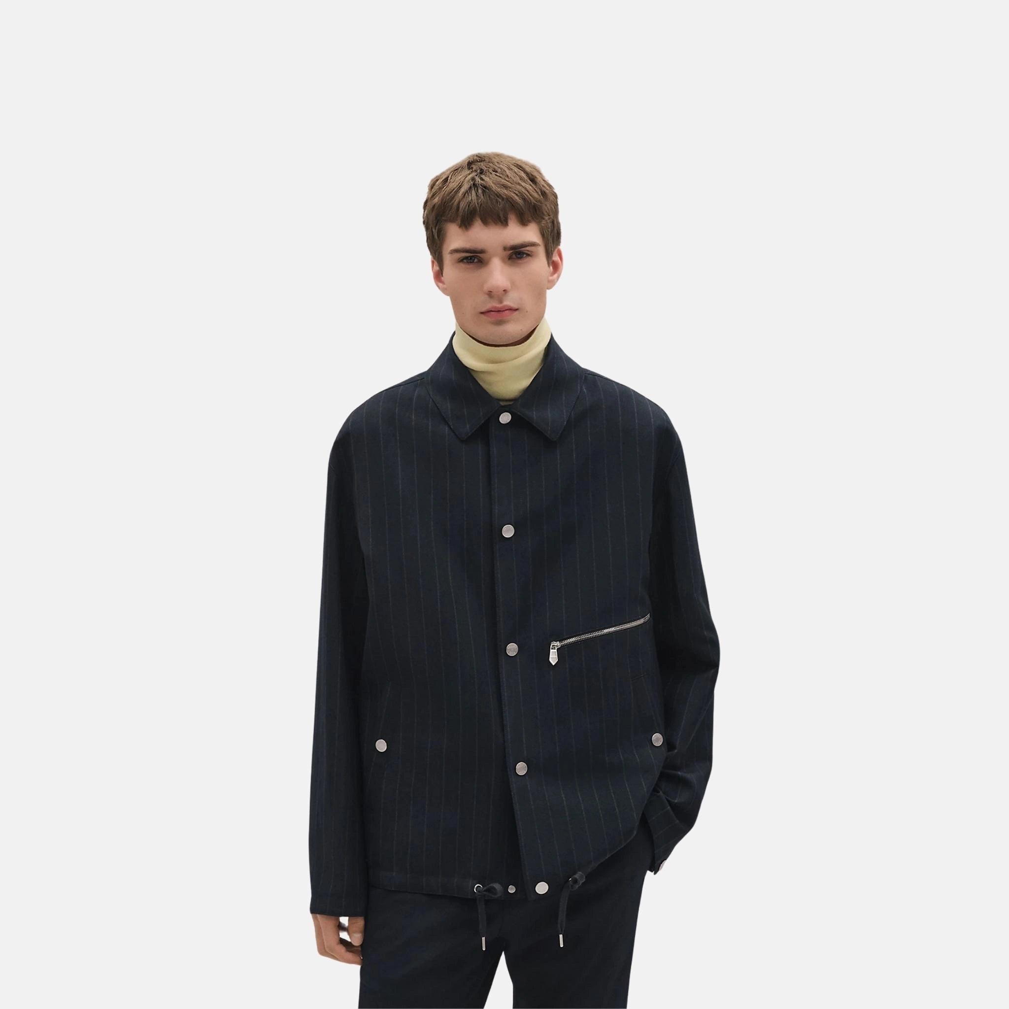 Removable Hooded Overshirt in Wool and Paper Stripes
