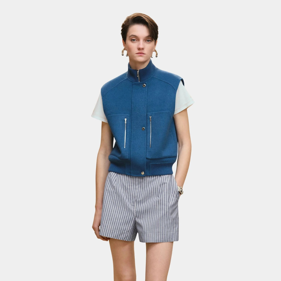 Sleeveless Short Bomber Jacket in Double-sided Cashmere