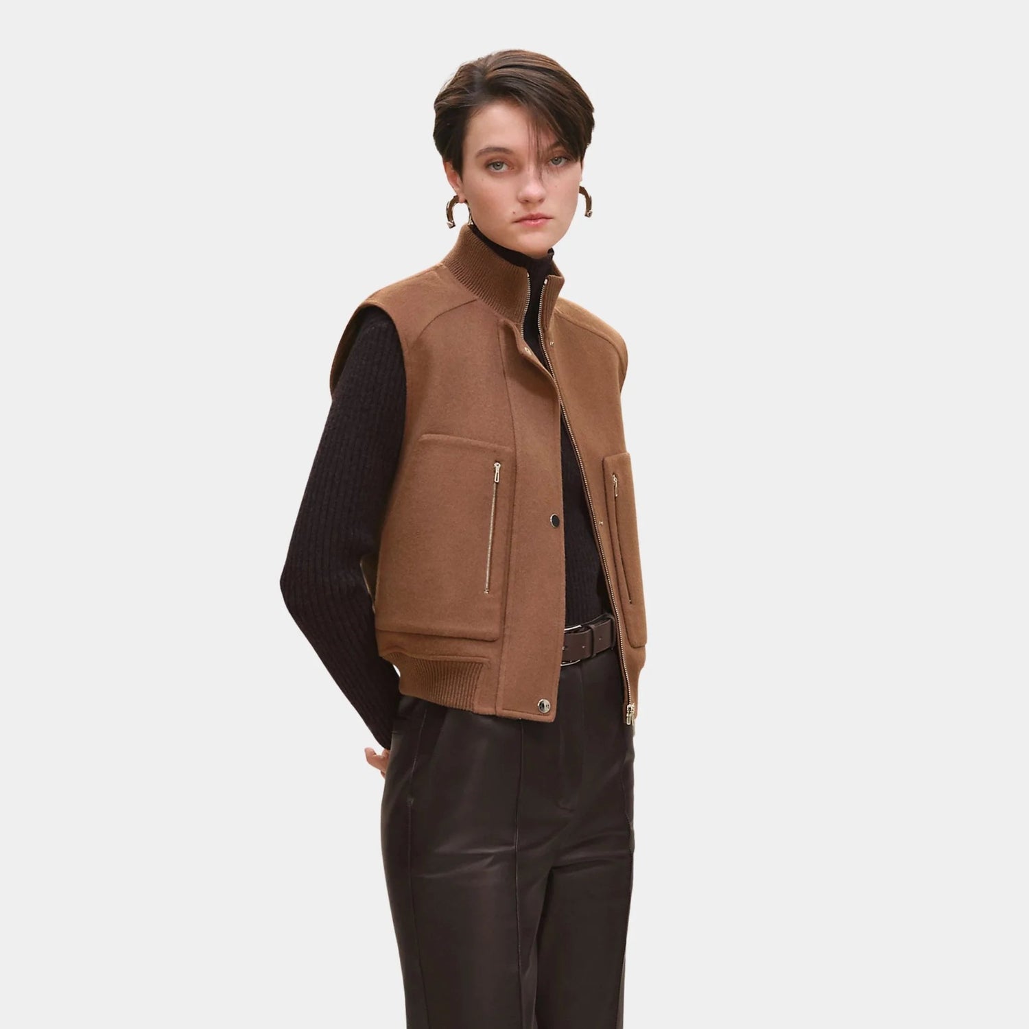 Sleeveless Short Bomber Jacket in Double-sided Cashmere