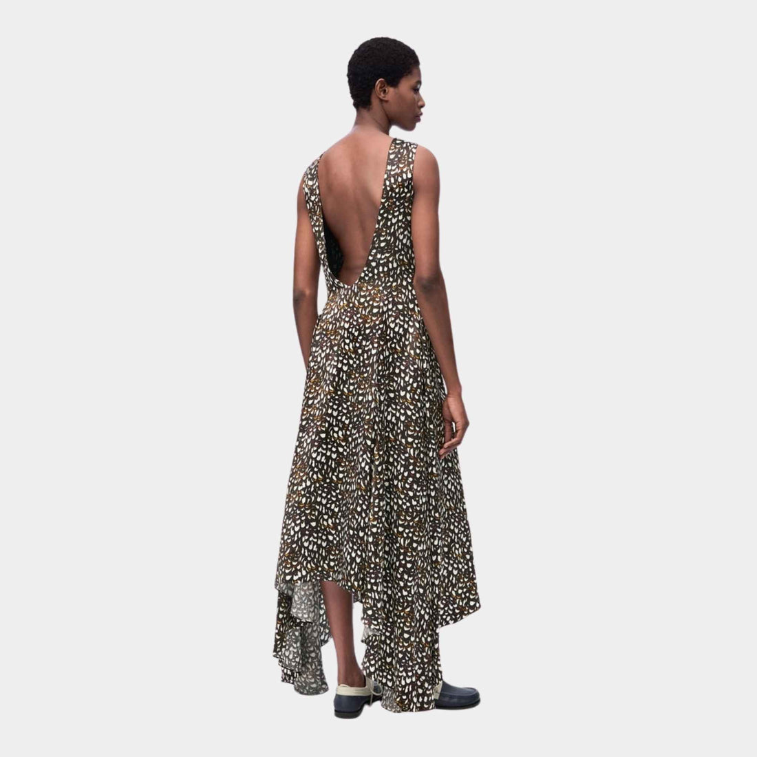 Open Back Dress in Viscose Pheasant Feather Print