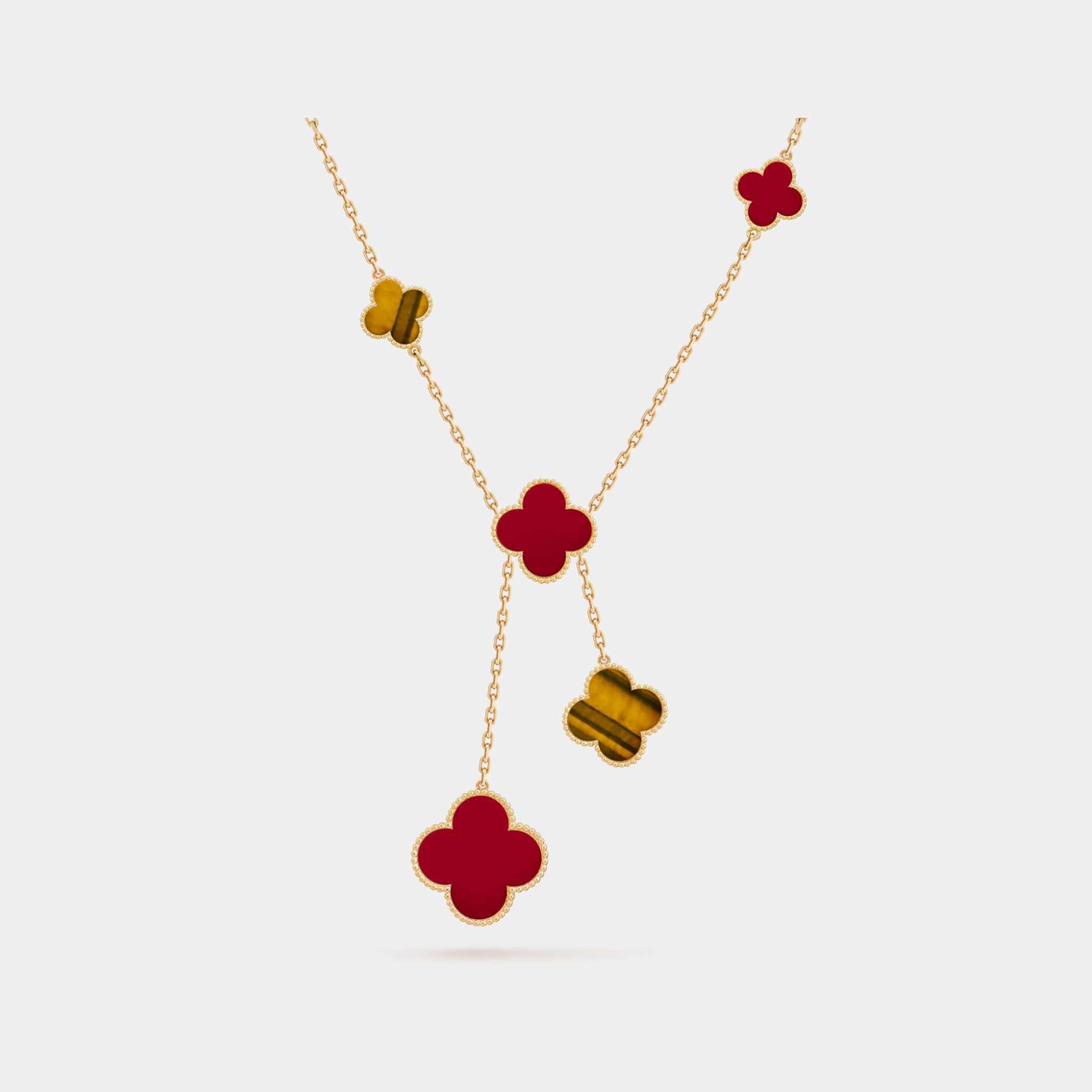 Magic Alhambra Necklace 6 motifs Yellow Gold Carnelian Tiger Eye