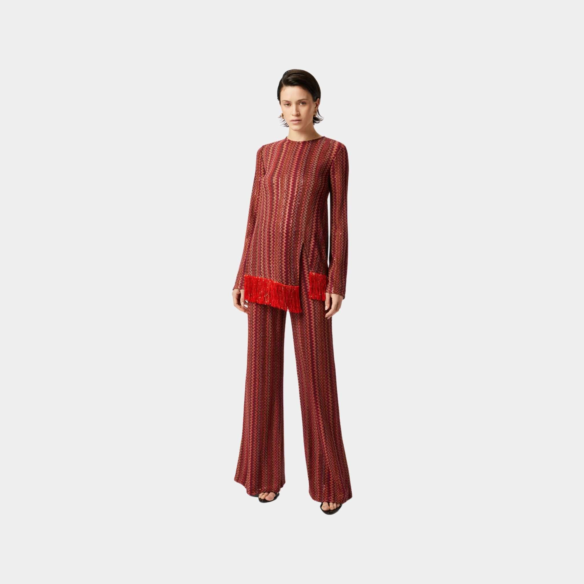 Flare Trousers In Zigzag Viscose Blend With Sequins