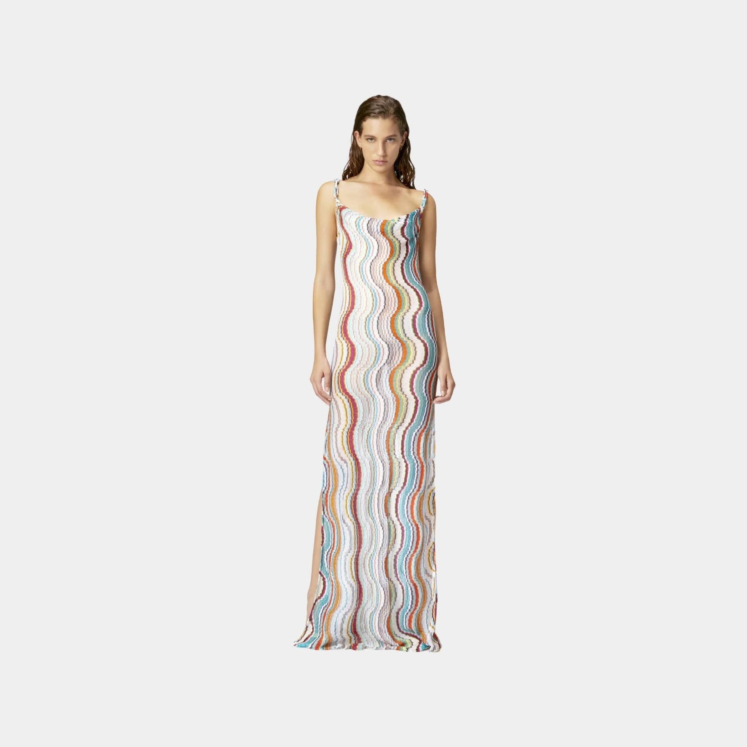 Long Cover Up Dress With Lame Wave Motif