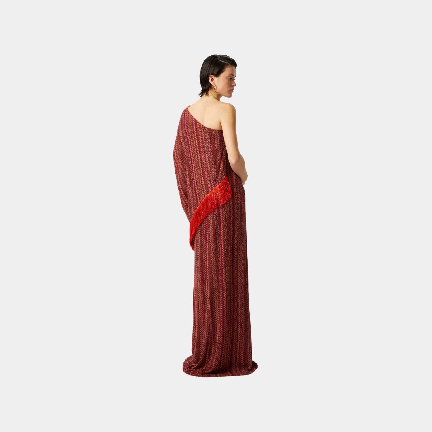 Long One Shoulder Zigzag Dress With Sequins And Fringes