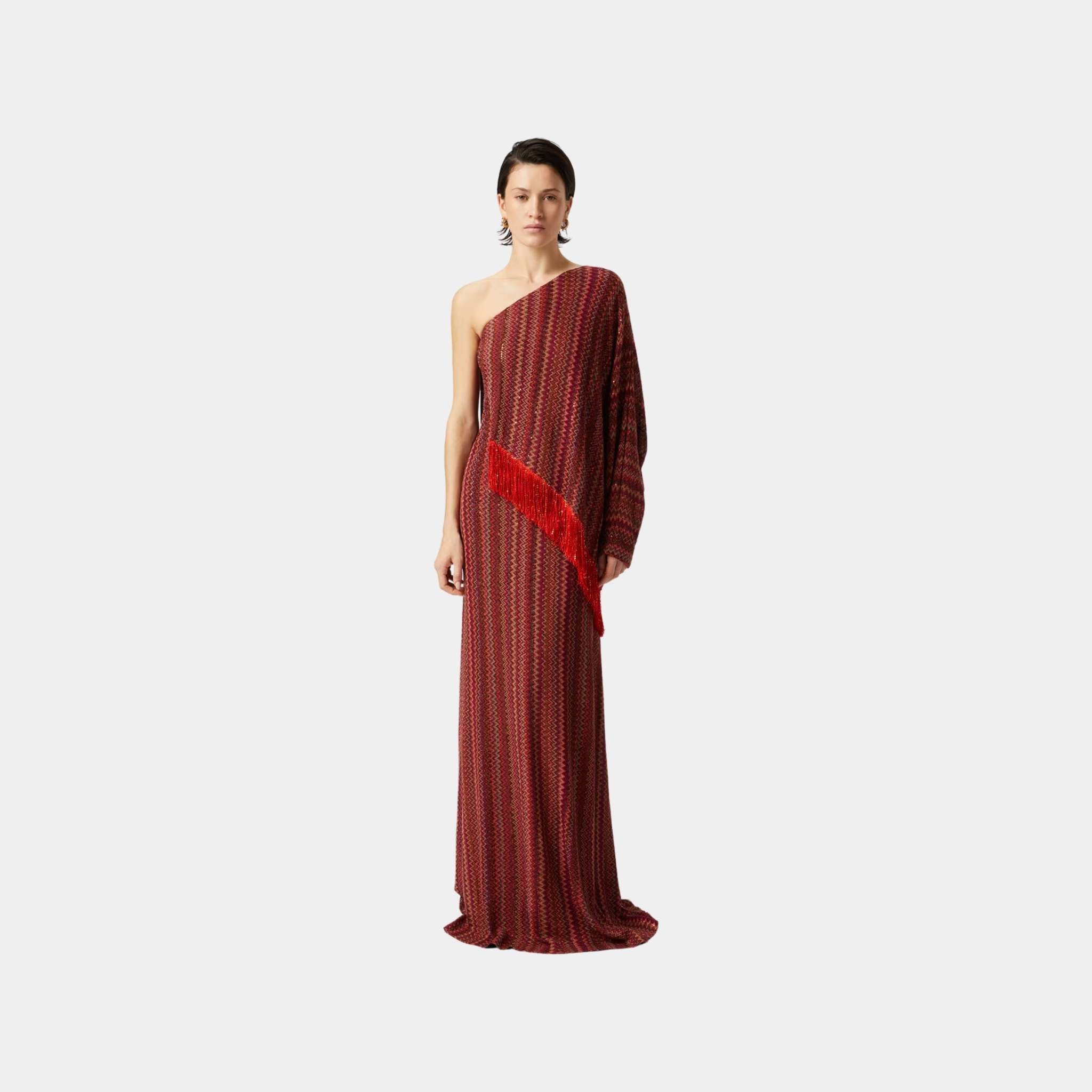Long One Shoulder Zigzag Dress With Sequins And Fringes