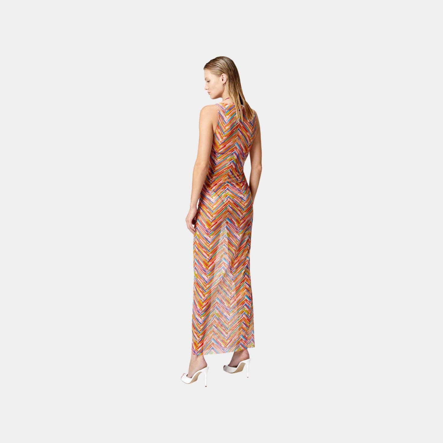 Long Sleeveless Dress In Printed Tulle