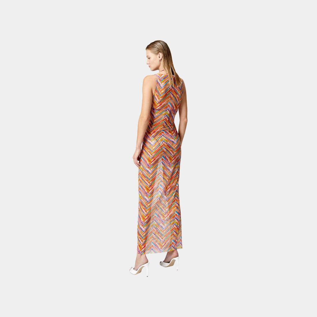 Long Sleeveless Dress In Printed Tulle