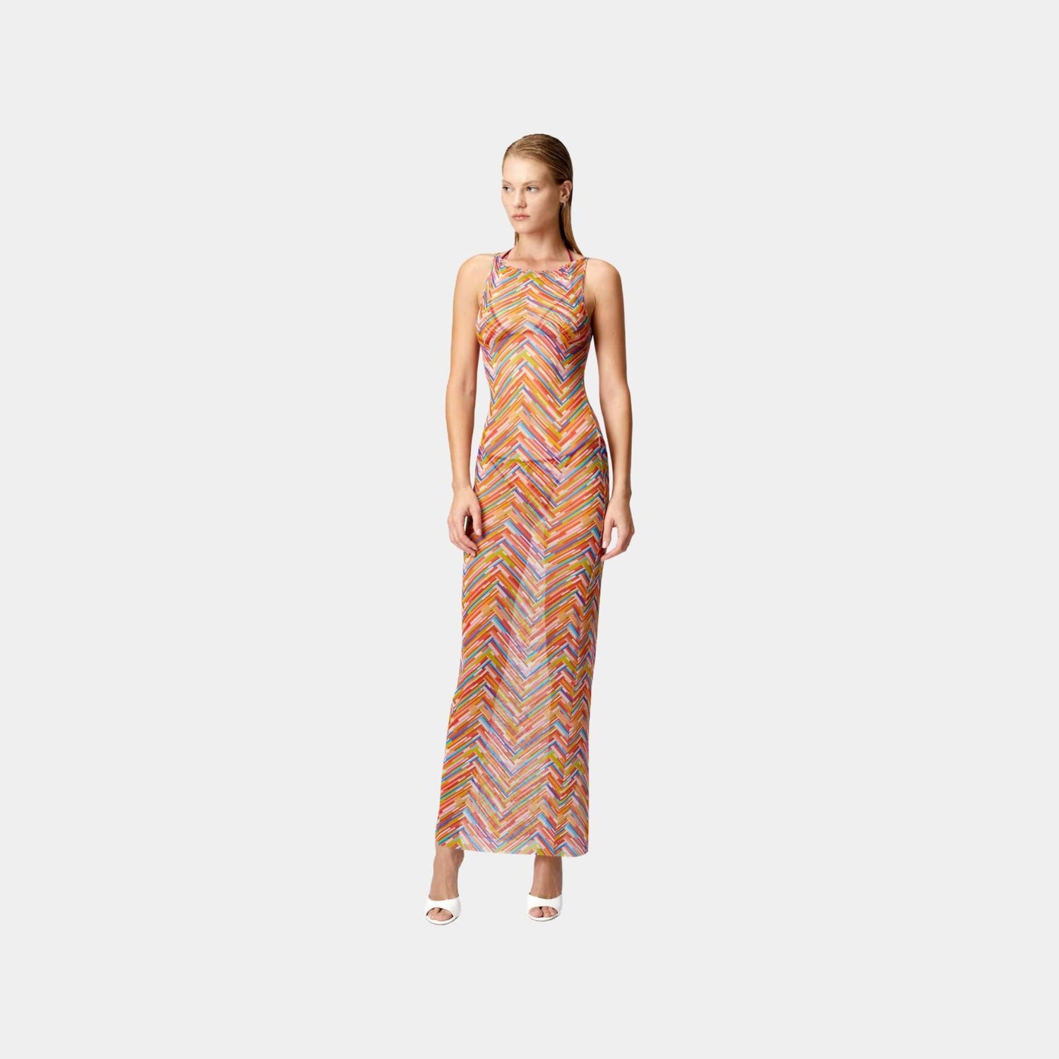 Long Sleeveless Dress In Printed Tulle