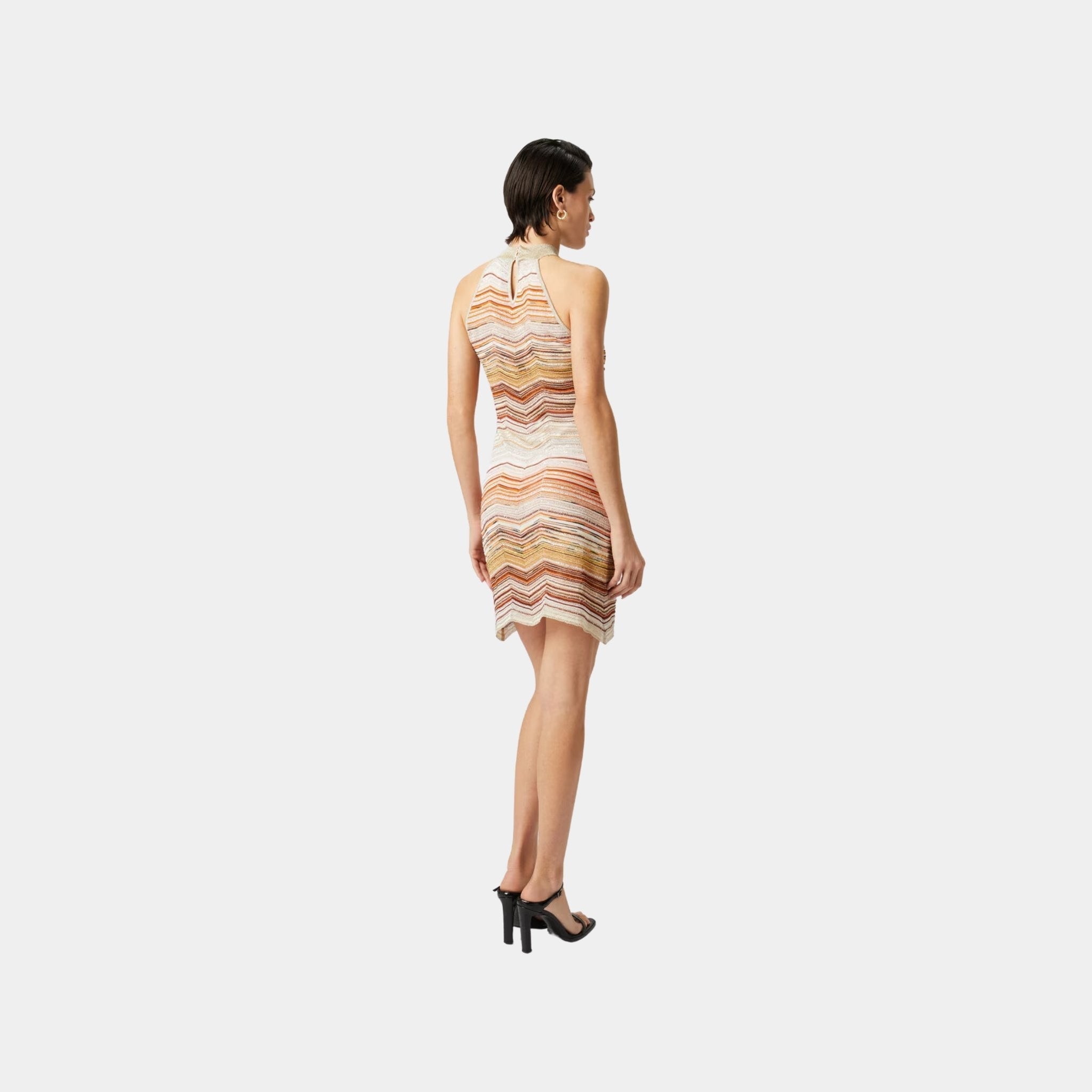 Short Sleeveless Chevron Lame Dress With Halter Neckline