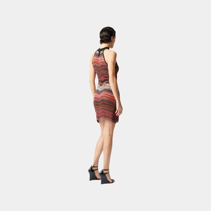 Short Sleeveless Chevron Lame Dress With Halter Neckline