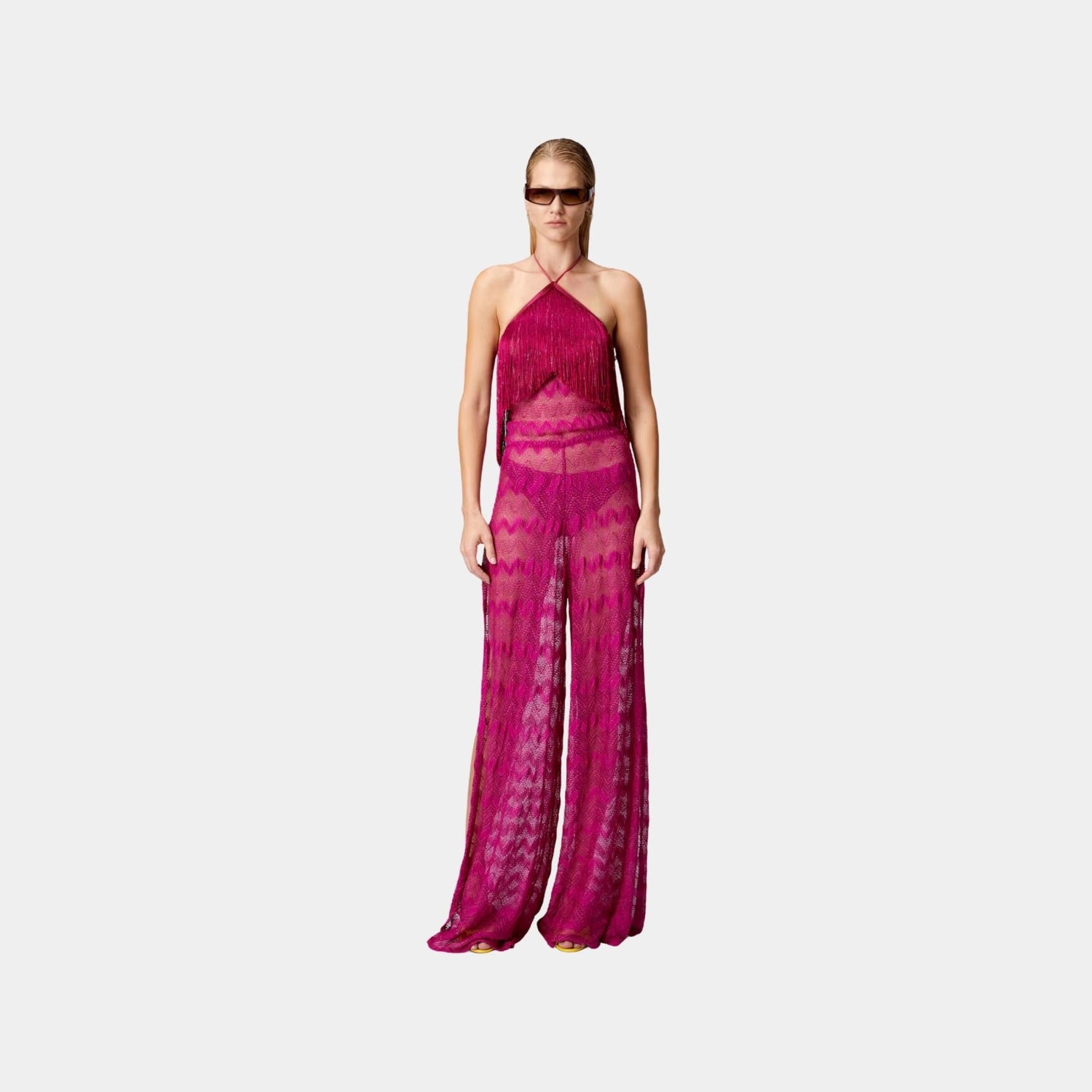 Zigzag Lame Viscose Jumpsuit With Fringes