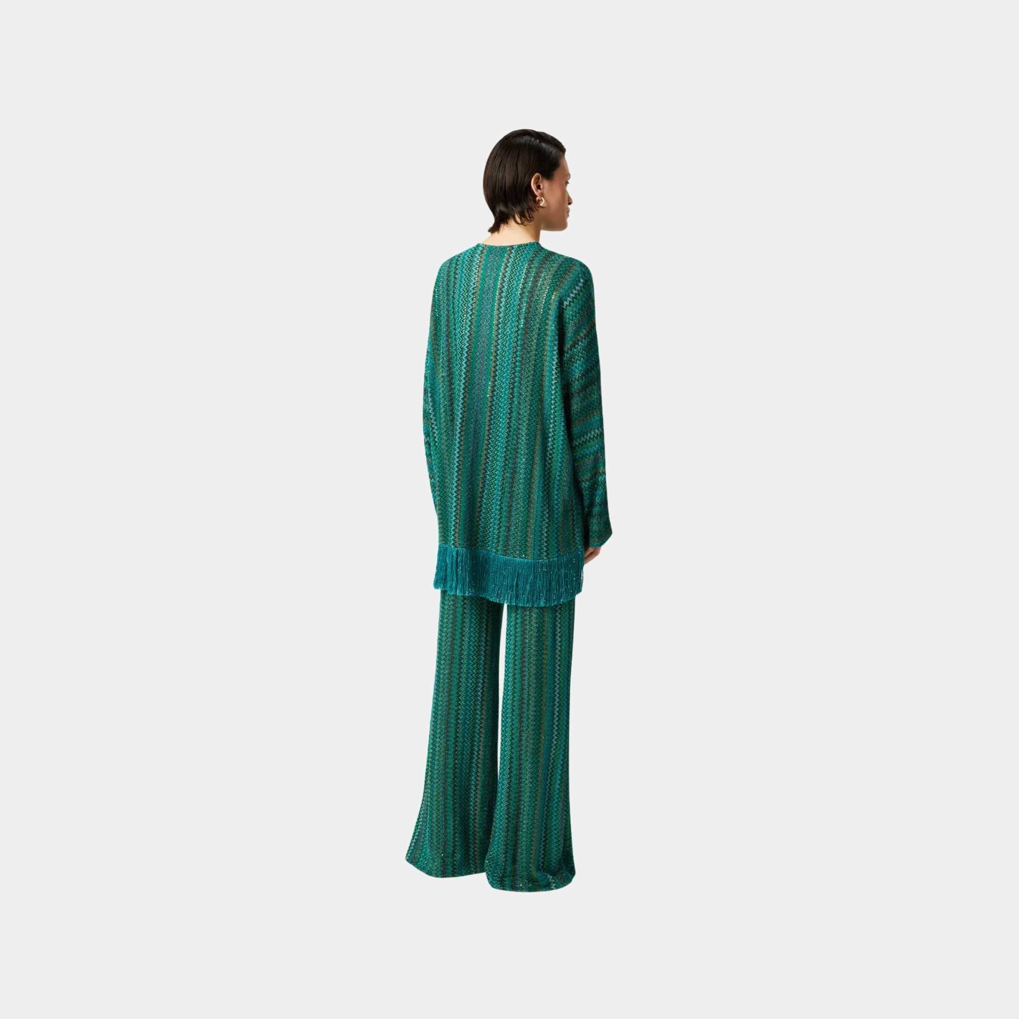 Zigzag Long Sleeved Blouse With Sequins And Fringes