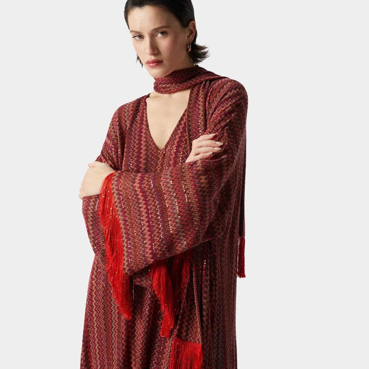 Zigzag V Neck Kaftan And Removable Scarf