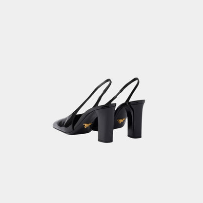 Patent Leather Slingback Pumps With Bound Leather Heel