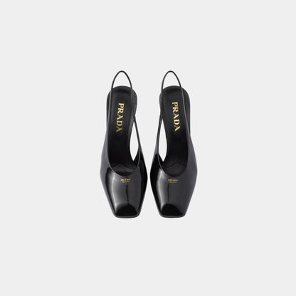 Patent Leather Slingback Pumps With Bound Leather Heel