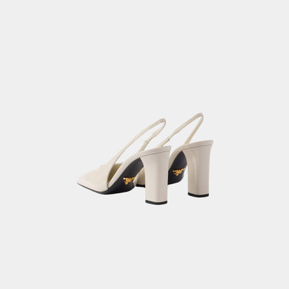 Patent Leather Slingback Pumps With Bound Leather Heel