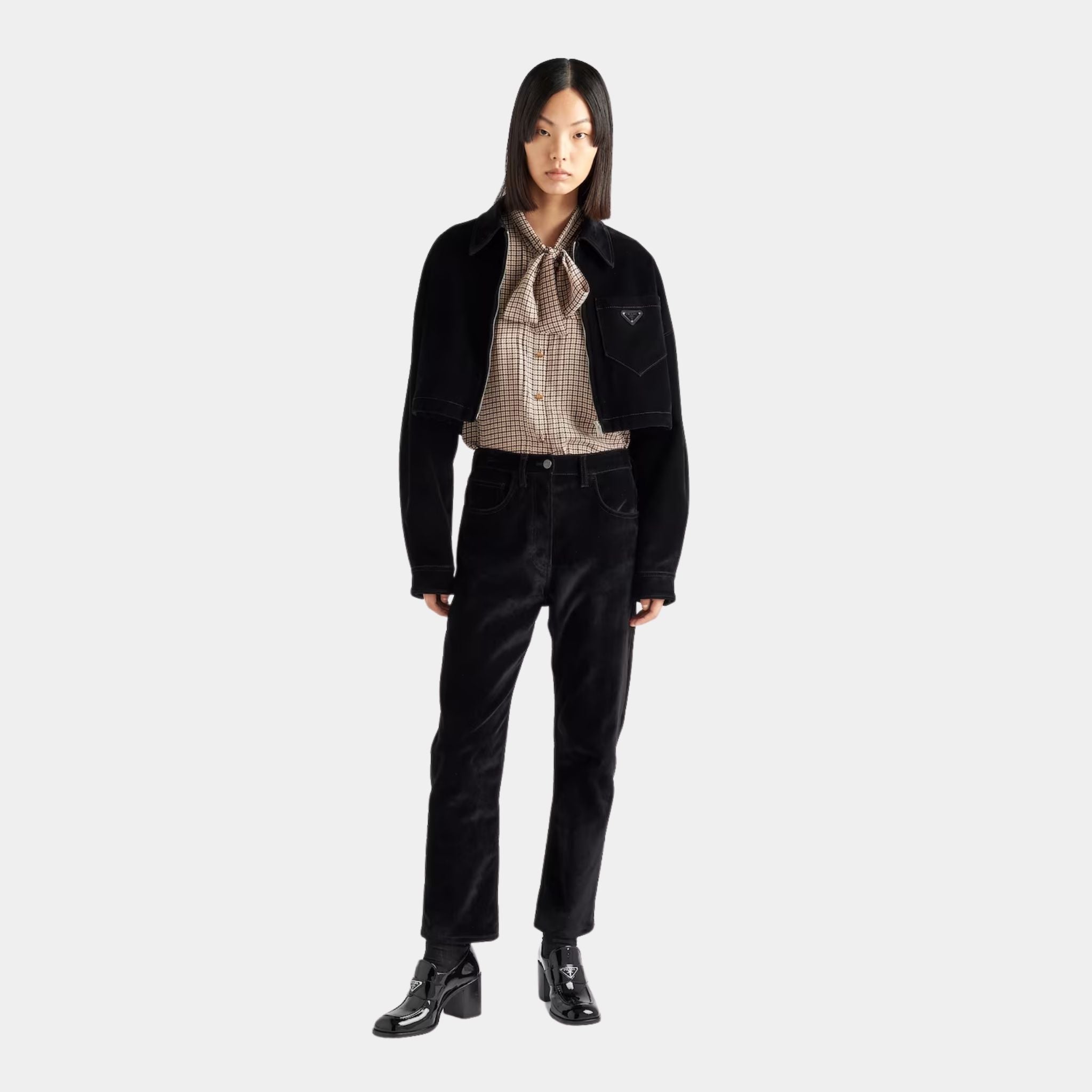 Black Velvet Boxy Denim Blouson Jacket