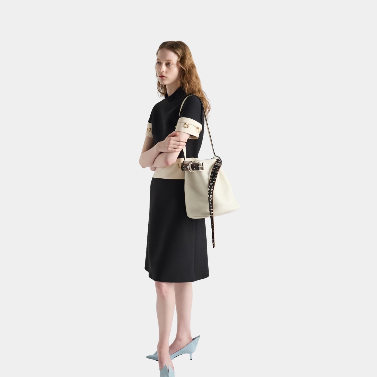 Buckle Leather Bucket Bag With Studded Belt