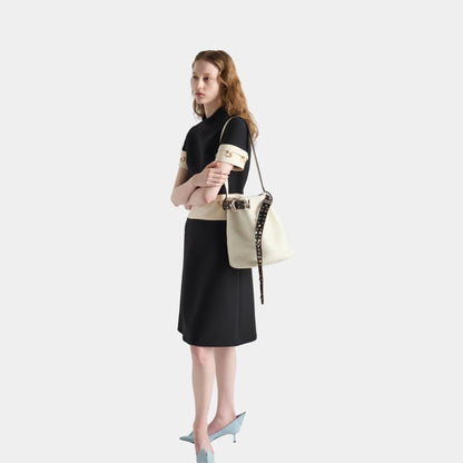 Buckle Leather Bucket Bag With Studded Belt