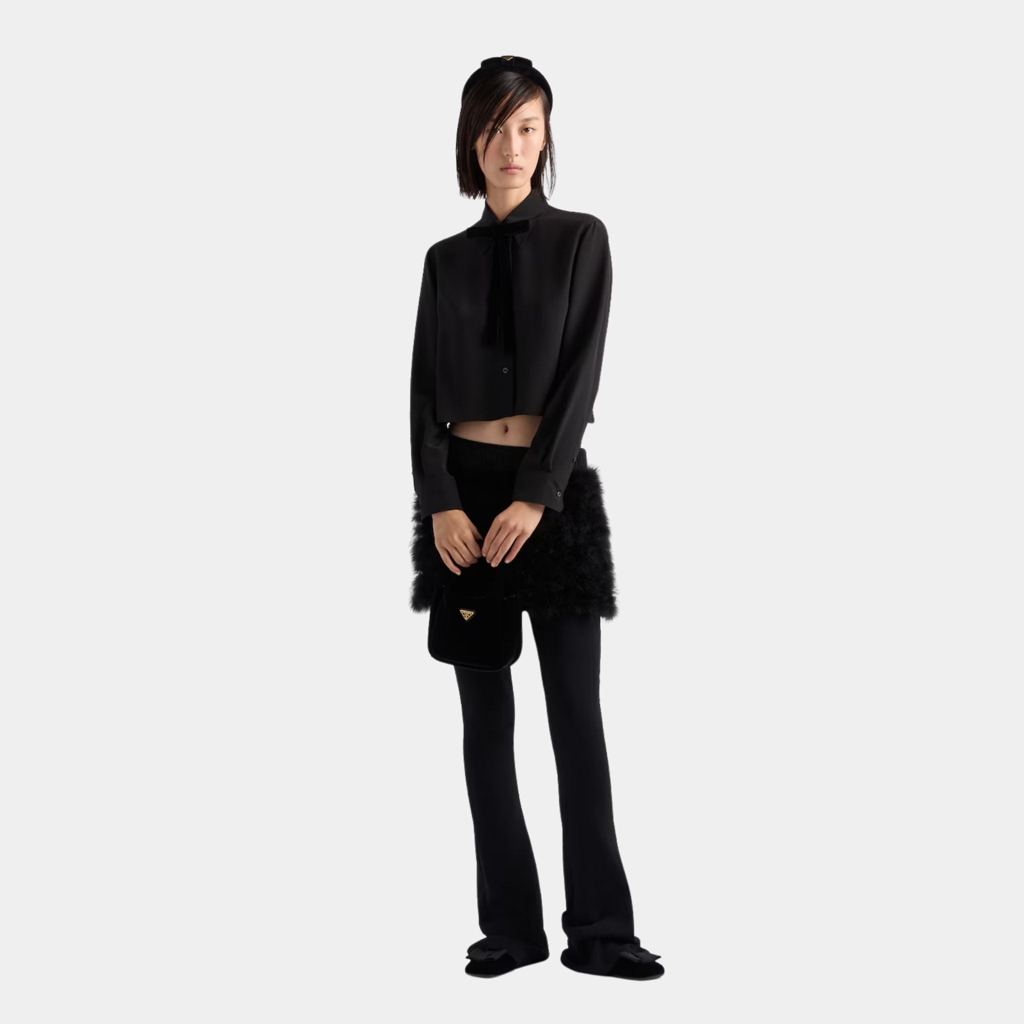 Crepe de Chine Boxy Shirt with Velvet Bow